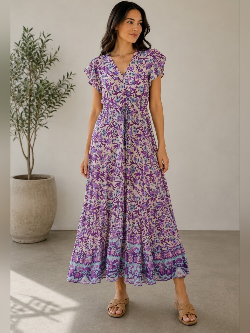 Iris Maxi Nova Purple Floral Tiered High Low Dress New Design In Australia Sz.12